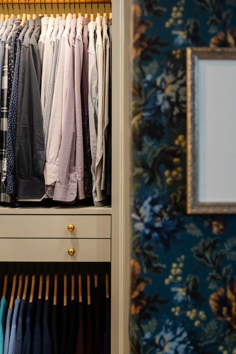 European dressing rooms inspired this Ikea hack primary closet in The River's Bend Home design by Katie Sullivan of Pretty Domesticated. Primary Closet, House Of Hackney Wallpaper, Moody Wallpaper, House Of Hackney, Beautiful Closets, Contemporary Pillows, Bold Wallpaper, Dream Closets, Cabinet Knob