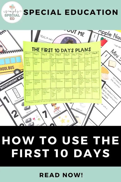 Back to school time can be stressful and I am here to help! The beginning of the year will be organized with this first 10 days of school lessons and schedule for special education. I included a planning guide for the first 10 days of school and you can easily change them to what fits your needs. I also provide product videos to help with the first two weeks of school. There are special education activities like social stories, the All About Me book, and routine of the day activities. Back To School Lesson Plans, Special Education Lesson Plans, Classroom Routines And Procedures, All About Me Book, Cooking In The Classroom, Early Childhood Special Education, Sped Classroom, School Lesson Plans, First Year Teaching