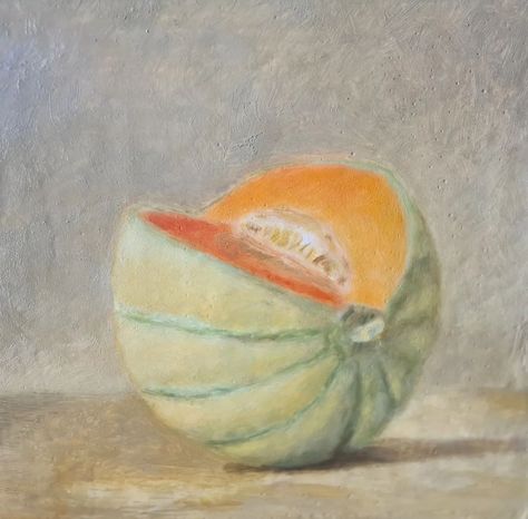 Oil painting on wood of a cantaloupe. Painted in July 2022 Classical Still Life, Oil Painting On Wood, Still Life Fruit, July 2022, Painting Oil, Beautiful Paintings, Impressionism, Realism, Painting On Wood