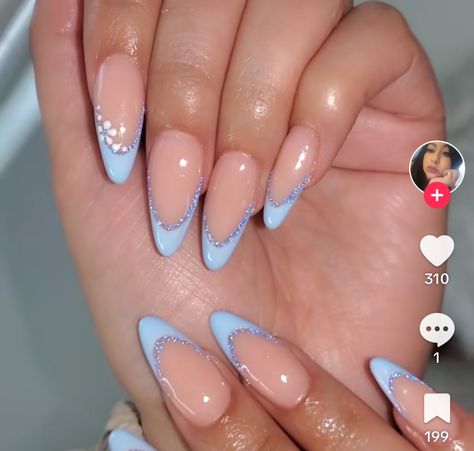 Blue And Purple Nail Ideas, Almond Shaped Nails Blue, Purple And Blue Nails Designs, Simple Blue Nail Designs, Blue Almond Nails Design, Almond Blue Nails, Long Oval Nails, Baby Blue Acrylic Nails, Periwinkle Nails