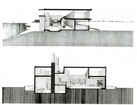 Paul Rudolph /// Milam Residence /// Jacksonville, Florida, USA /// 1959-1961 Sectional Perspective, Paul Rudolph, Architecture School, Architectural Presentation, Interior Design Presentation, Architecture Graphics, Architectural Section, Architecture Rendering, Diagram Architecture