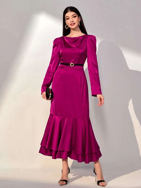 Puff Sleeve Ruffle Hem Dress Without Belt | SHEIN EUR Evening Dresses Elegant Midi, Long Sleeve Evening Dress, Plus Size Party Dresses, Muslim Fashion Hijab, Long Sleeve Evening Dresses, Abaya Dress, Classy Dress Outfits, Turkish Beauty, Evening Dresses Elegant