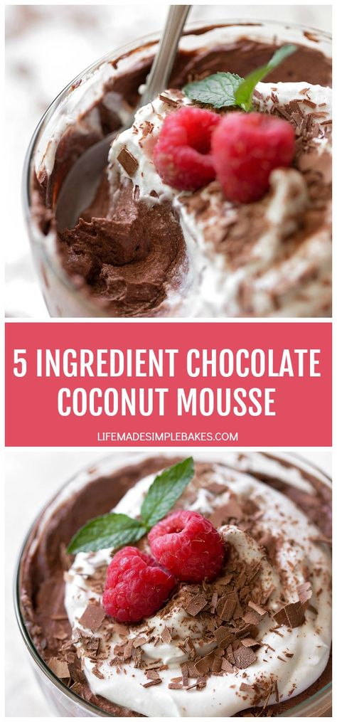 A rich and decadent dessert that is perfect for summer! This totally effortless 5 ingredient chocolate coconut mousse is dairy-free, gluten-free, low carb and no-bake. #chocolatecoconutmousse #5ingredientchocolatecoconutmousse #5ingredientmousse #chocolatemousse Coconut Cream Chocolate Mousse, Coconut Mousse, Coconut Milk Chocolate, Coconut Hot Chocolate, Life Made Simple, Coconut Baking, Healthy Valentines, Chocolate Mousse Recipe, Paleo Desserts