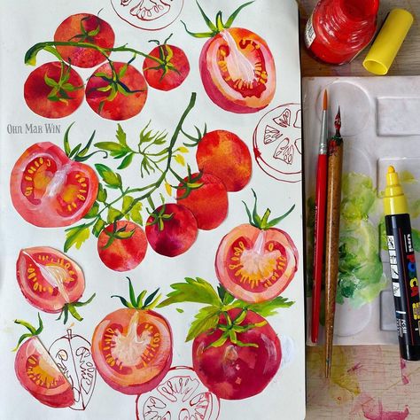 Ohn Mar Win 🍋Artist & Teacher on Instagram: “6/30 is the versatile tomato I had great success growing cherry tomatoes last summer and hope to grow more vegetables in containers this…” Cherry Tomato Illustration, Tomato Watercolor, Tomato Drawing, Growing Cherry Tomatoes, Copper Backsplash, Cherry Baby, Watercolor Sketchbook, Summer Vegetable, Kitchen Paint