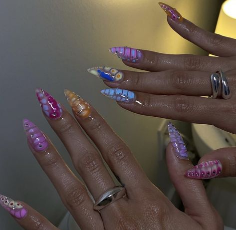 Rainbow nails, colorful nail art, bloom gel nails Rainbow Aesthetic Nails, Rainbow Blooming Gel Nails, Colorful Blooming Gel Nails, Colorful Summer Nails 2024, Aura Nails With Blooming Gel, Nail Art Designs Blooming Gel, Summer Blooming Gel Nails, Gel Blooming Nails, Summer Nails Blooming Gel