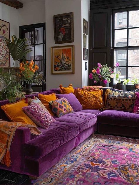 Playful Interior, Eclectic Living Room Design, Purple Couch, Vibrant Living Room, Colourful Living Room, Eclectic Living Room, Home Goods Decor, Living Room Design, Boho Living Room