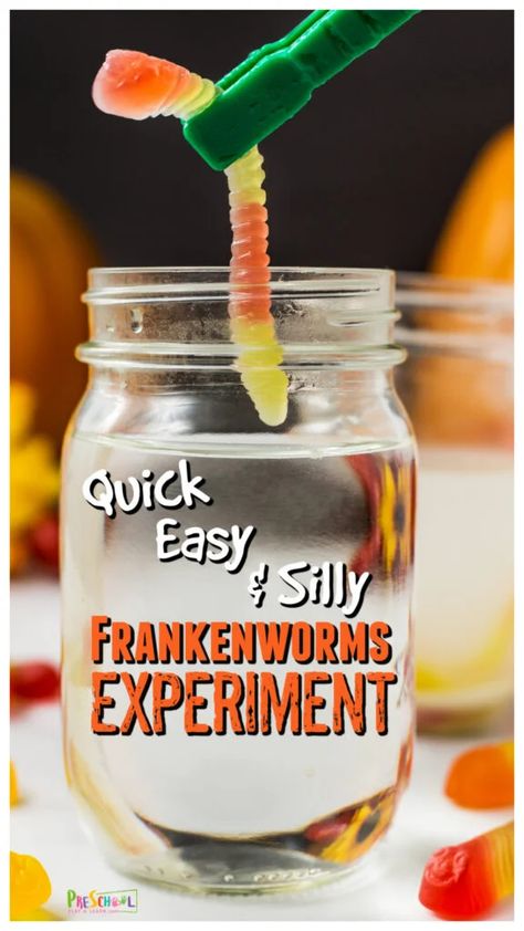 You've probably heard of the dancing raisins science project, well seeing as those it's October and Halloween is just around the corner I decided to make a more relevant theme. This frankenworms experiment demonstrates the same chemical reaction with baking soda and vinegar, but with fun halloween activities. This halloween science experiment is perfect for all ages from toddler, preschool, pre-k, kindergarten, first grade, 2nd grade, 3rd grade, and up. Jack O Lantern Science Experiment, Jack O Lantern Art For Kids, Pre K Halloween Party Games, Third Grade Crafts Activities, Exploding Pumpkin Experiment, Pumpkin Jack Experiment, Candy Activities For Preschool, Aba Crafts, Pumpkin Science Experiment