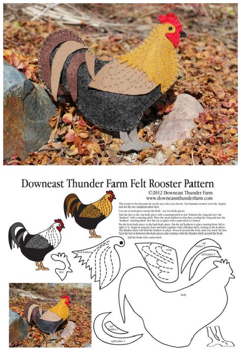 DIY Felt Rooster Free Sewing Patterns & Paid | Fabric Art DIY Chicken Quilt, Felt Ornaments Patterns, Chicken Crafts, Chicken Pattern, Hemma Diy, Chickens And Roosters, Bird Crafts, Ornament Ideas, Wool Projects