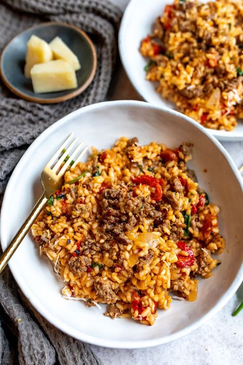 Sausage Risotto - Sailor Bailey Sausage Risotto, Sailor Bailey, Healthy Rice Recipes, Sausage Dishes, Rice Recipes For Dinner, Tomato Broth, Dried Basil, Easy Rice Recipes, Arborio Rice