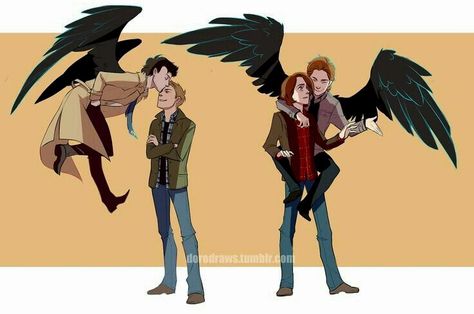 Castiel kissing Dean's forehead Gabriel and Sam, Destiel Sabriel winged Sam E Dean Winchester, Sam And Gabriel, Supernatural Ships, Destiel Fanart, Supernatural Fan Art, Supernatural Art, Dean And Castiel, Supernatural Destiel, Supernatural Memes