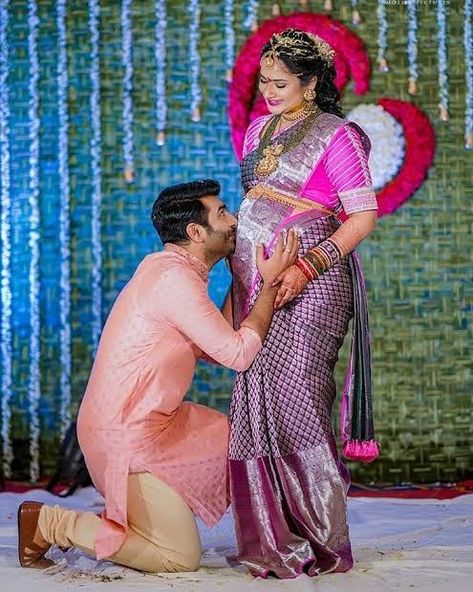 Seemantham Poses With Husband, Srimantham Stills Photo, Seemantham Photoshoot, Srimantham Photoshoot, Sreemantham Photoshoot, Seemantham Photos, Seemantham Decoration, Indian Maternity Photos, Funny Wedding Poses