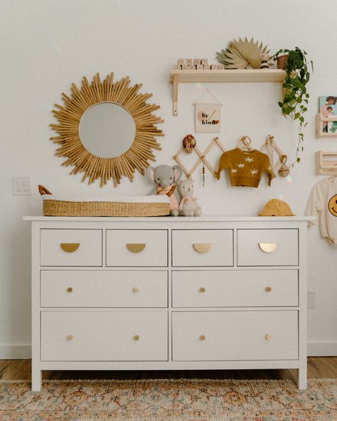 Modern, cozy nursery dresser & wall decor for baby girl Nursery Wall Decor Above Crib, Nursery Dresser Changing Table, Day Bed Decor, Dresser Wall Decor, Changing Table Basket, Nursery For Baby Girl, Nursery Collage, Changing Table Decor