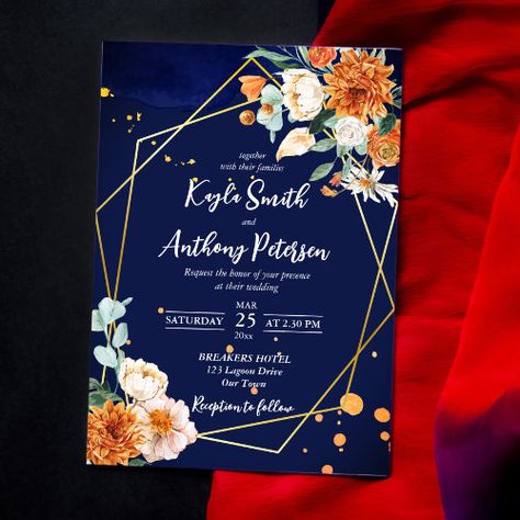 $2.98 | Navy blue orange white roses wedding invite #floral, wedding invitation template, watercolor, elegant, gold frame, navy blue, sage greenery, white roses, burnt orange flowers, orange roses Wedding Donuts, White Roses Wedding, Sage Wedding, Wedding Anniversary Invitations, Blue Orange White, Roses Wedding, Anniversary Invitations, Blue Wedding Invitations, Floral Wedding Invitation