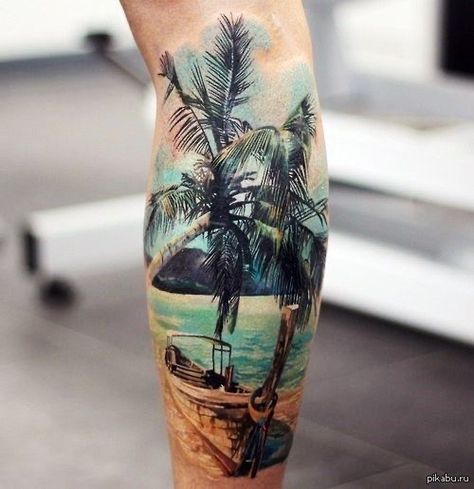 Beach Scene Tattoo, Tropisches Tattoo, Beachy Tattoos, Tree Tattoo Men, Tropical Tattoo, Surf Tattoo, Scene Tattoo, Tattoo Tree, Sunset Tattoos