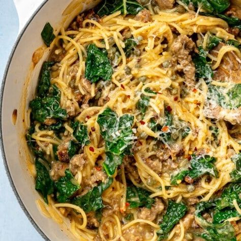 One Pot Pasta Italian Sausage & Kale Recipe - Fed & Fit Sausage Kale Mushroom Pasta, Sausage Kale Pasta Recipes, Italian Sausage Kale Pasta, Pork Breakfast Recipes, Sausage And Kale Pasta, Pasta Italian Sausage, Sausage Kale Pasta, Kale Pasta Recipe, Chicken Sausage Pasta