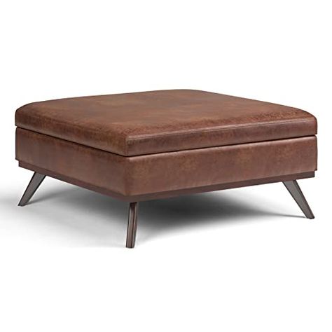 SIMPLIHOME Owen 40 Inch Wide Mid Century Modern Large Square Coffee Table Lift Top Storage Ottoman in Upholstered Distressed Saddle Brown Faux Leather, For the Living Room Mid Century Modern Storage, Modern Square Coffee Table, Large Square Coffee Table, Storage Ottoman Coffee Table, Coffee Table Storage, Lift Coffee Table, Leather Storage Ottoman, Ottoman Coffee, Square Coffee Table