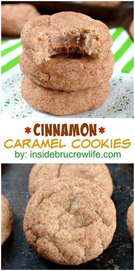 These easy cinnamon cookies have a surprise caramel center that everyone will love! Easy Cinnamon Cookies, Cookies Fall, Cinnamon Caramel, Cinnamon Cookies, Caramel Cookies, Easy Cinnamon, 50 Christmas, Yummy Sweets, Tea Cakes