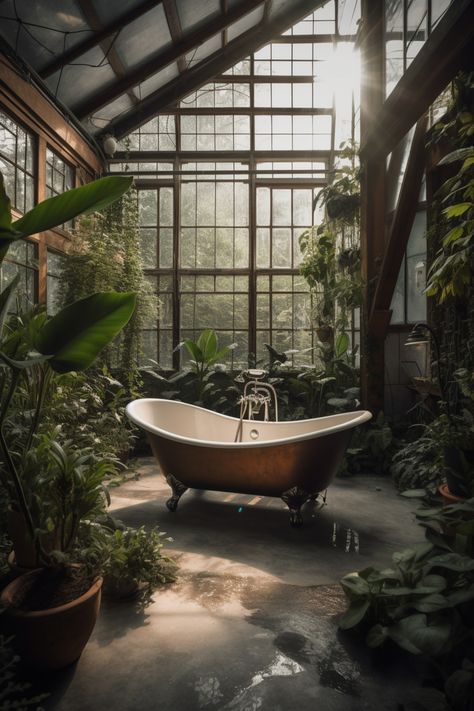 Another dream creation from my atrium and greenhouse collection. Garden Style Bathroom, Conservatory Bathroom Ideas, Greenhouse With Pool Inside, Bathroom With Plants Aesthetic, Bathtub In Greenhouse, Indoor Pool Greenhouse, Green House With Pond Inside, Bathtub Greenhouse, Green House Bathroom