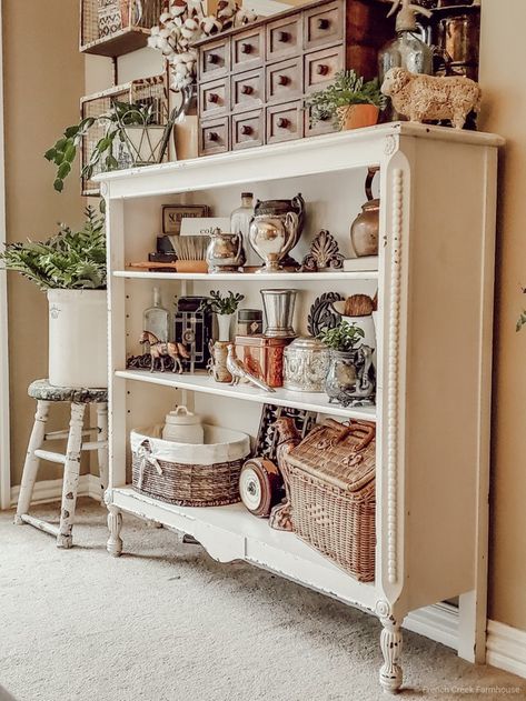 Wintertime Fun in the Family Room – French Creek Farmhouse Antique Table Centerpieces, Farmhouse Mobile Home Decor, White Shelving Ideas, Cottage Style Bookcase, Vintage Farmhouse Style Living Room, Cottage Bookshelves, Vintage Farmhouse Decor Living Room, Antique Farmhouse Living Room, How To Style A Hutch