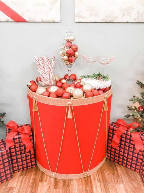 Christmas Drum, Nutcracker Christmas Party, Diy Drums, Half Moon Table, Wet Foam, Nutcracker Decor, Moon Table, Spray Glue, Wooden Drawer