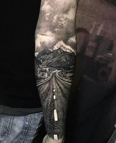 Tattoos... on Twitter: "Artist: Steve Butcher… " Sleeve Drawings Tattoo, Train Tattoo, Scenery Tattoo, Nature Tattoo Sleeve, Motorcycle Tattoos, Biker Tattoos, Tattoo Trend, Landscape Tattoo, Forest Tattoos