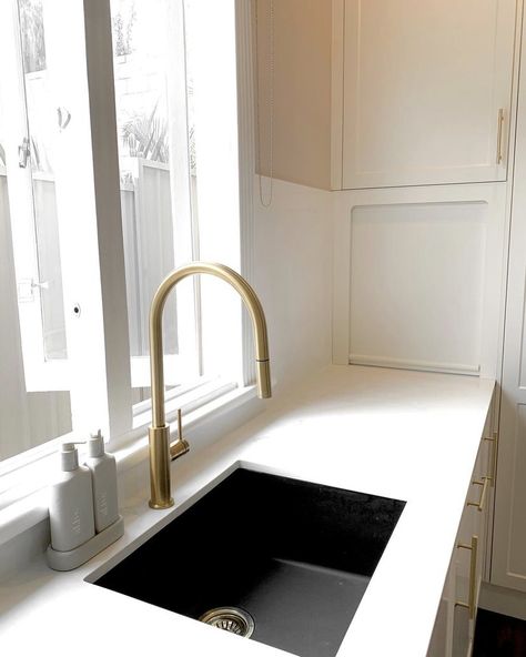 Black Sink Brass Tap, Black Sink Golden Faucet, Engineered Stone Benchtops, Black Kitchen Sink With Gold Faucet, Black Sink Golden Faucet Kitchen, Black Sink With Gold Faucet, Gold Faucet Kitchen, Black Faucet Kitchen, Appliance Cupboard