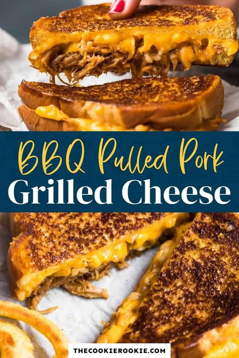 This Pulled Pork Grilled Cheese sandwich combines two of the tastiest things in the world - pulled pork and grilled cheese! Sweet and smoky pork with creamy cheese in a sandwich - it doesn't get more satisfying than this! We've used @SaraLeeBread Artesano Brioche Bakery Bread to add a hint of sweetness and the perfect thickness! #sponsored Bbq Pulled Pork Grilled Cheese, Quesadilla Taco, Pulled Pork Grilled Cheese, Pork Grilled Cheese, Pork Coleslaw, Ultimate Grilled Cheese, Best Sandwich Recipes, Grill Cheese Sandwich Recipes, Pizza Pockets