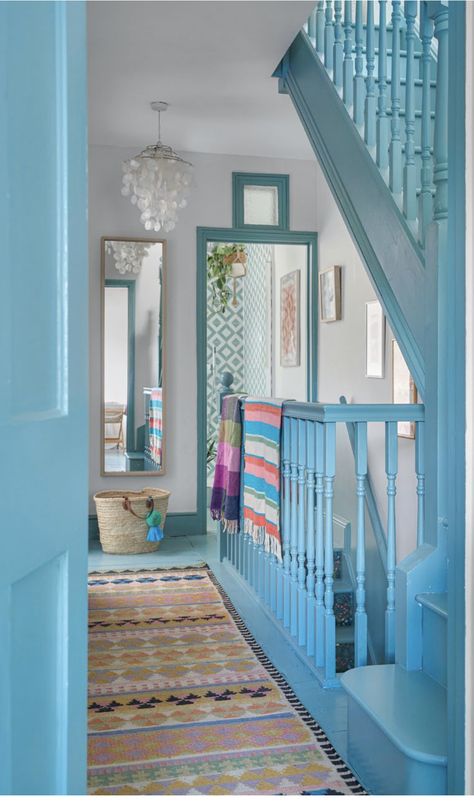 Aqua Hallway, Staircase Colors Ideas, Blue Bannister, Coloured Staircase, Colored Staircase, Small Landing Ideas, Colorful Entryway Ideas, Upstairs Landing Ideas, Blue Staircase