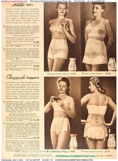 1945 Sears Spring Summer Catalog, Page 146 - Catalogs & Wishbooks Vintage Fitted Sleepwear For Spring, 1940s Nightwear, 1940s Underclothes, 1940s Sears Catalog, Lingerie Catalog, 1940s Woman, Fashion Lingerie, Fabric Sewing Patterns, 40s Fashion