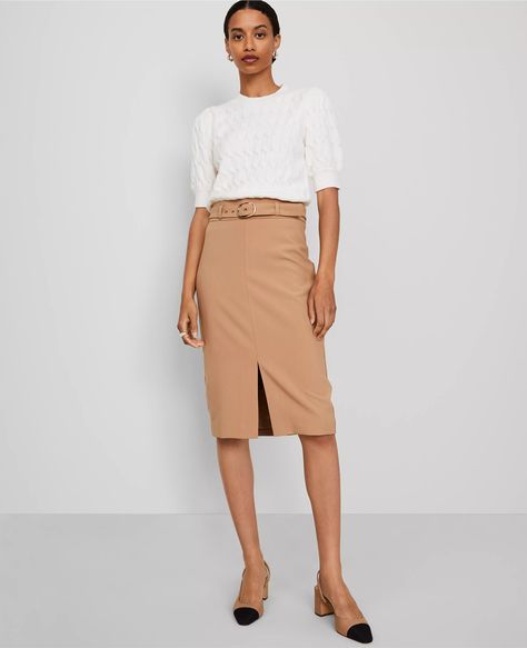 Twill Belted Midi Pencil Skirt Pencil Skirt Styling, Business Casual Skirt, Belted Midi Skirt, Midi Pencil Skirt, Chic Skirts, Blazer And Skirt, Midi Skirt Pencil, Pencil Skirts, Sleepwear & Loungewear