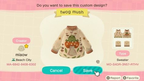 Acnh Mushroom Clothes Design, Acnh Fall Hat Code, Mushroom Acnh Code, Animal Crossing Flag Design Codes, Froggycrossing Design Codes, Animal Crossing Freckles, Acnh Frog Designs, Custom Design Animal Crossing Clothes, Acnh Fall Clothes