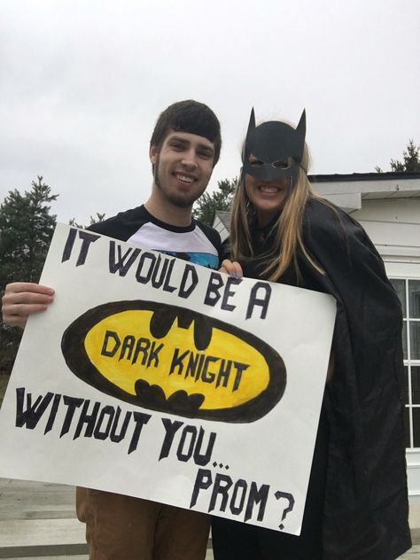 Batman promposal! Batman Promposal, Sadie Proposals Ideas, Homecoming Dance Proposal, Promposal Ideas For Him, Sadies Proposal, Cute Hoco Proposals, Homecoming Poster Ideas, Formal Proposals, Cute Promposals