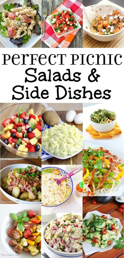 Picnic Side Dishes Recipes - Pasta Salad, Potato Salad, Coleslaw, Oh my! Perfect easy salad and side dishes recipes for BBQ, summer, and picnics Cookout Meals, Lake Meals, Birthday Cookout, Salads For Picnics, Picnic Salads, Recipes For Bbq, Salad Coleslaw, Salad Potato, Picnic Potluck