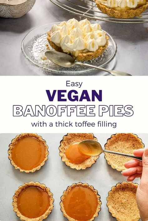 This decadent vegan banoffee pie recipe has crumbly pecan and biscuit bases, a rich vegan toffee filling, fresh bananas and whipped cream. A deliciously more-ish vegan dessert! Vegan Toffee, Vegan Banoffee, Vegan Banoffee Pie, Banoffee Tart, Dairy Free Deserts, Vegan Afternoon Tea, Banoffee Pie Recipe, Egg Free Baking, Dairy Free Baking