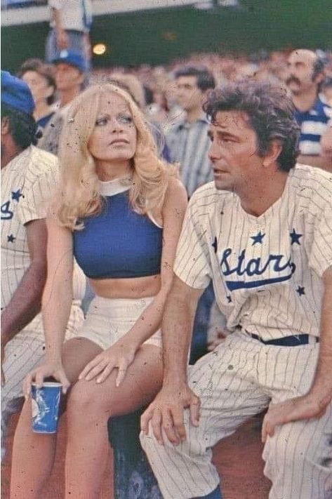 Sally Struthers and Peter Falk at a celebrity baseball tournament. Sally Struthers, Columbo Peter Falk, Alan Thicke, Cindy Williams, Peter Falk, African Print Maxi Skirt, 60s And 70s Fashion, Classic Movie Stars, A Celebrity