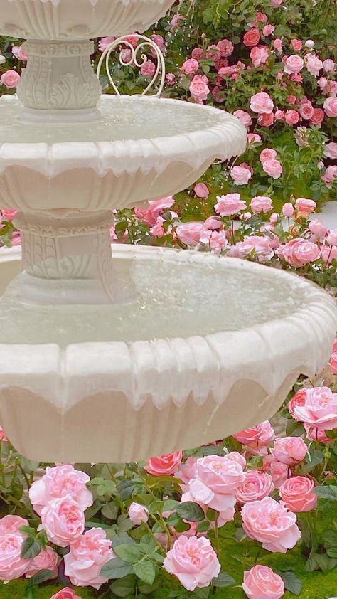 Pink Rose Garden Aesthetic, Pink Princess Aesthetic Wallpaper, Fountain Aesthetic, Pink Princess Aesthetic, Sacred Garden, Pink Castle, Victorian Garden, Rose Vase, Office Plants