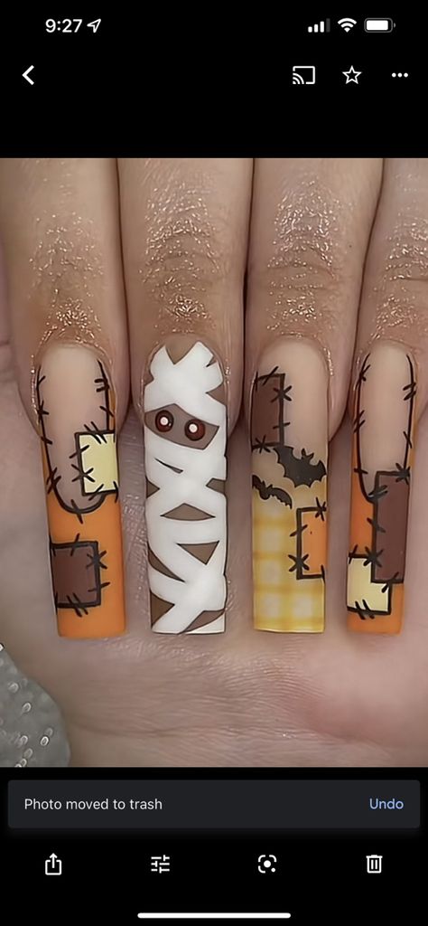 Scarecrow Patch Nails, Halloween Scarecrow Nails, Orange And Brown Halloween Nails, Fall Patch Nails, Scarecrow Nail Ideas, Scarecrow Nails Fall, Hollween Theme Nails, Scare Crow Nails, Fall Patchwork Nails