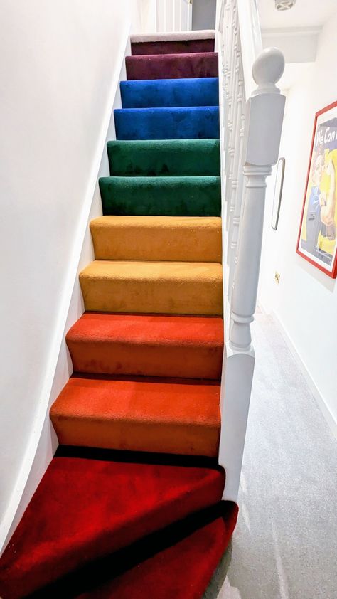 My stairs carpeted in the colours of the rainbow Rainbow Stairs, Coloured Doors, Rainbow Carpet, Carpet Staircase, Farmhouse Vibes, Stairs Ideas, Colorful Interior, Painting Carpet, Stair Carpet