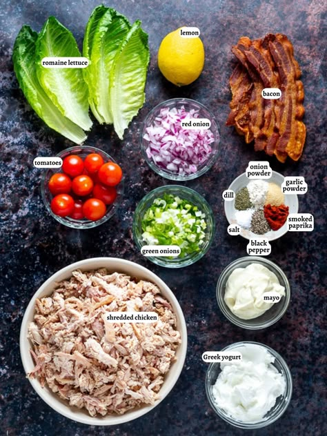 Studded with bacon and tomatoes and piled high on crispy lettuce, this BLT chicken salad is a fabulously nutritious high-protein lunch! Heavy Lunch Ideas, High Protein Blt Chicken Salad, Lettuce And Tomato Salad, Chicken And Bacon Salad, Chicken And Lettuce Recipes, Protein For Salads Lunch Ideas, What To Make With Lettuce, High Protein Blt, Rotisserie Chicken Salads