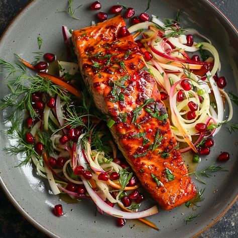 Pomegranate-Glazed Salmon with Crisp Fennel Slaw | The Fish Society Salmon Pomegranate, Pomegranate Salmon, Fennel Slaw, Pomegranate Recipes, Delicious Seafood Recipes, Yummy Seafood, Glazed Salmon, Foods Delivered, Gordon Ramsay