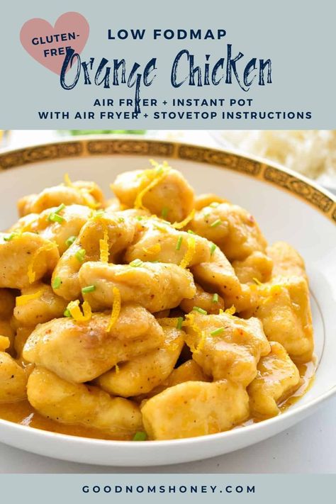 low fodmap air fryer orange chicken in a bowl Low Fodmap Orange Chicken, Low Fodmap One Pot Recipes, Low Fodmap Air Fryer Recipes, Low Fodmap Air Fryer, Orange Chicken Air Fryer, Low Fodmap Lunch, Low Fodmap Dinner, Gluten Free Orange Chicken, Recipes Low Fodmap