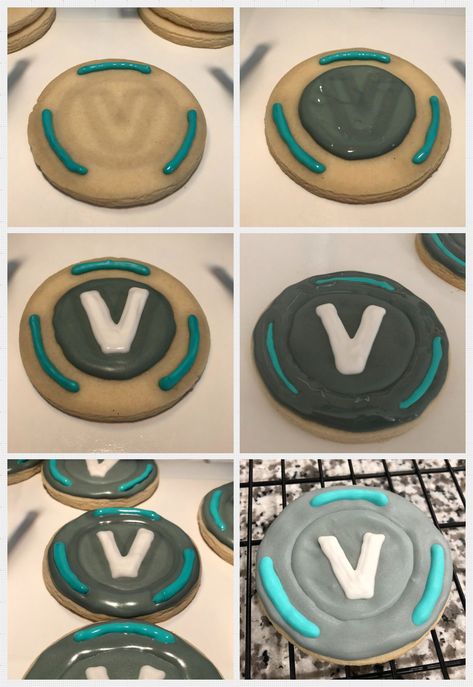 Decorated sugar cookie tutorial for Fortnite V buck V Bucks Cookies, Fortnite Decorated Cookies, Fortnite Cookies Decorated, Gamer Cookies, Fortnite Cookies, Fortnite Food, Fortnight Birthday, Easy Keto Dessert Recipes, Playstation Party