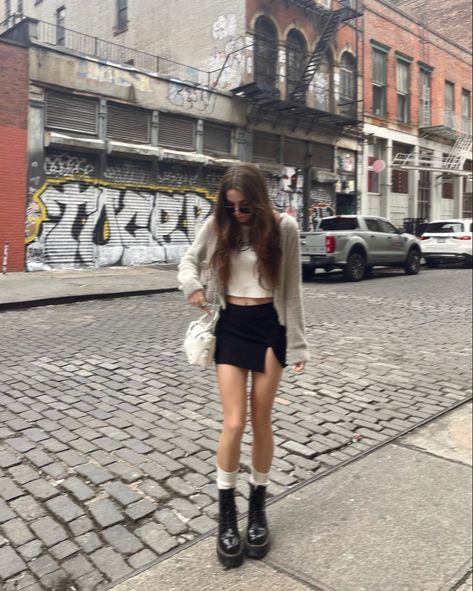 Urban Outfitters Skirt Outfit, Skirt With Long Socks Outfit, Long Skirts With Doc Martens, Knee Socks Outfits Aesthetic, Black Skirt Doc Martens Outfit, Skirt And Long Socks Outfit, Doc Marten Skirt Outfit, Doc Martens With Skirt, Doc Martens Skirt Outfits