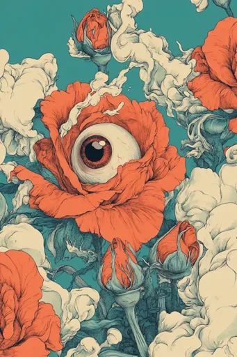 ↑↑↑ Larger size on website 🔸 A surreal and detailed illustration depicts a large, vibrant red rose with a human eye in the center Human Plant Hybrid Art, Eyeball Flower, Hybrid Art, Rose Illustration, Detailed Illustration, Teal Background, Human Eye, Carnivorous Plants, Pop Surrealism