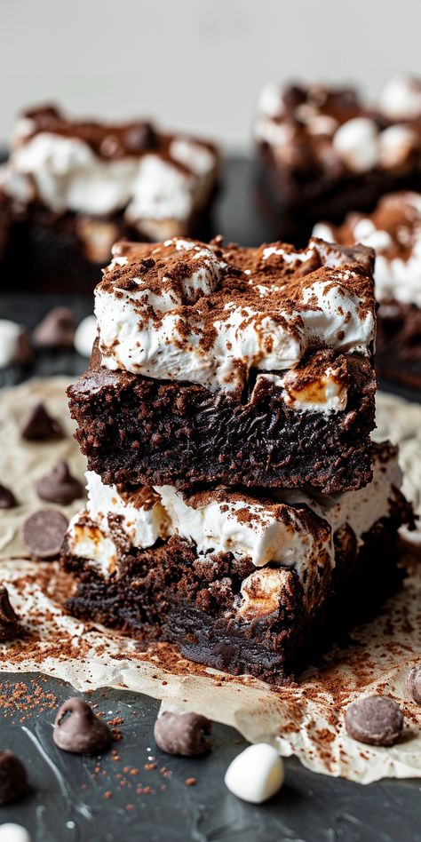 Hot Chocolate Brownies with Marshmallow Frosting [45 Minutes] - Chasety Brownies With Marshmallow, Hot Chocolate Brownies, Marshmallow Brownies, Brownie Frosting, Marshmallow Frosting, No Bake Brownies, Fudgy Brownies, Halloween Desserts, Brownie Bar