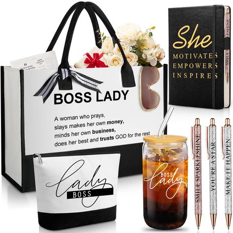 PRICES MAY VARY. Comprehensive Gift Package: this one of a kind gift for boss female set includes 1 iced coffee cup, 1 canvas tote bag, 1 makeup bag, 1 notepad, and 3 ballpoint pens; It is a comprehensive package that ensures the lady boss in your life has everything she may require for day to day tasks Ideal Size: the 16 oz iced coffee cup in dimensions of 5.75 x 2.6 inches fits nicely in your hand while tote bag measuring an ample 16.93 x 12.6 x 6.69 inches provides ample space for all daily e Boss’s Day Ideas, Swag Bag Ideas For Women, Gift Ideas For Boss Lady, Boss Day Gift Ideas, Boss Female, Counselor Appreciation, Iced Coffee Cups, Bosses Day Gifts, Boss' Day