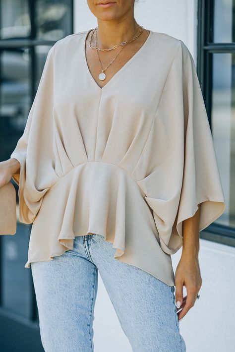 Apricot Pleated Batwing Sleeve V Neck Blouse Ladies Chiffon Shirts, Batwing Sleeve Blouse, Batwing Top, Blouse Material, Hem Top, Chiffon Shirt, V Neck Blouse, Batwing Sleeve, Sleeves Pattern