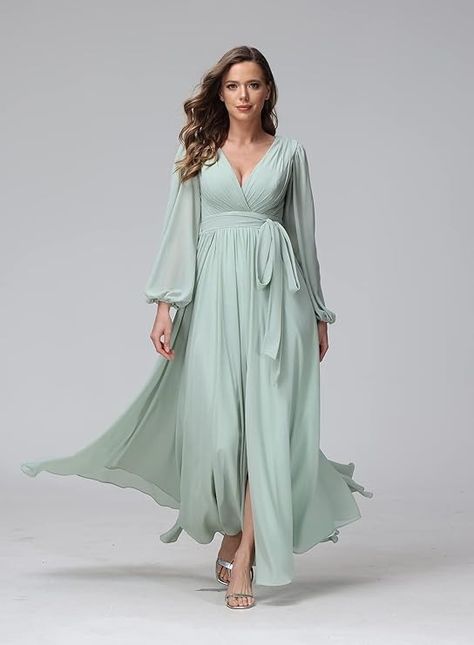 Dresses With Ruffles, Sage Bridesmaid Dresses, Long Sleeve Bridesmaid Dress, V Neck Prom Dresses, Party Dresses Online, Bridesmaid Dresses Prom, Chiffon Long Sleeve, Wholesale Dress, Long Bridesmaid Dresses