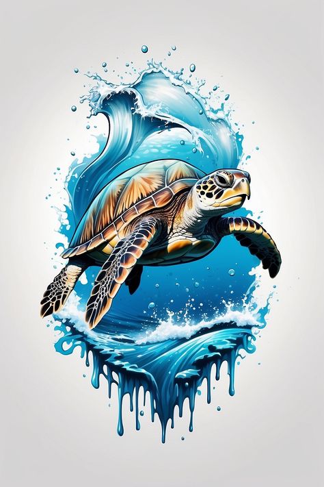 Turtle Digital Art, Ocean Sleeve Tattoos, Sea Turtle Pictures, Colorful Animal Paintings, Sea Turtle Watercolor, Turtle Watercolor, Bear Tattoos, Tiki Art, Photo Video Editing