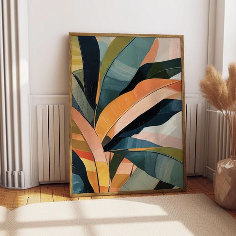 Tropical wall art, mid century print, Minimalist Wall Decor, living room, Abstract Poster, tropical leaves, dorm room, digital Download, Printable art, Abstract Tropical Leaf Art Print, Modern Botanical Wall Decor Add a touch of nature and modern flair to your home with this stunning abstract tropical leaf art print. The vibrant blend of greens, blues, oranges, and pinks creates a striking composition that captures the essence of tropical beauty. Perfect for a living room, bedroom, or office, th Pinturas Art Deco, Tropical Beauty, Botanical Wall Decor, Modern Botanical, Tropical Wall Art, Art Mid Century, Minimalist Wall Decor, Etsy Printable Art, Quilts Ideas